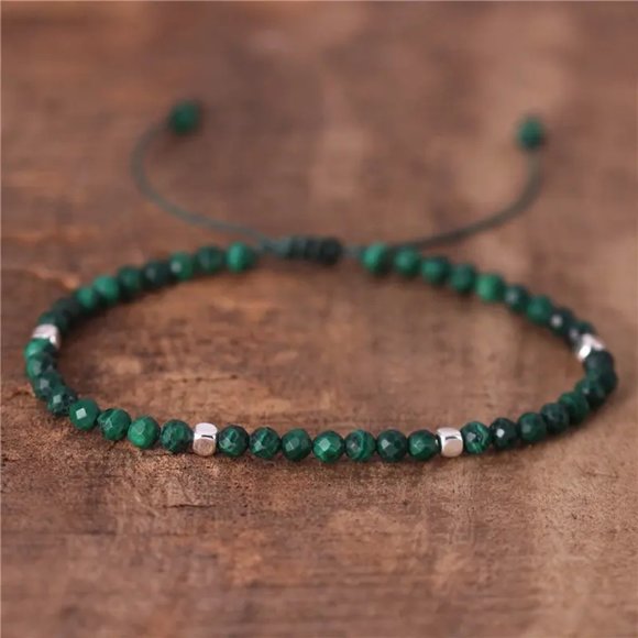 Handmade Jewelry - Malachite 4mm Faceted Tibetan Beaded Healing Meditation Dainty Handmade Bracelet